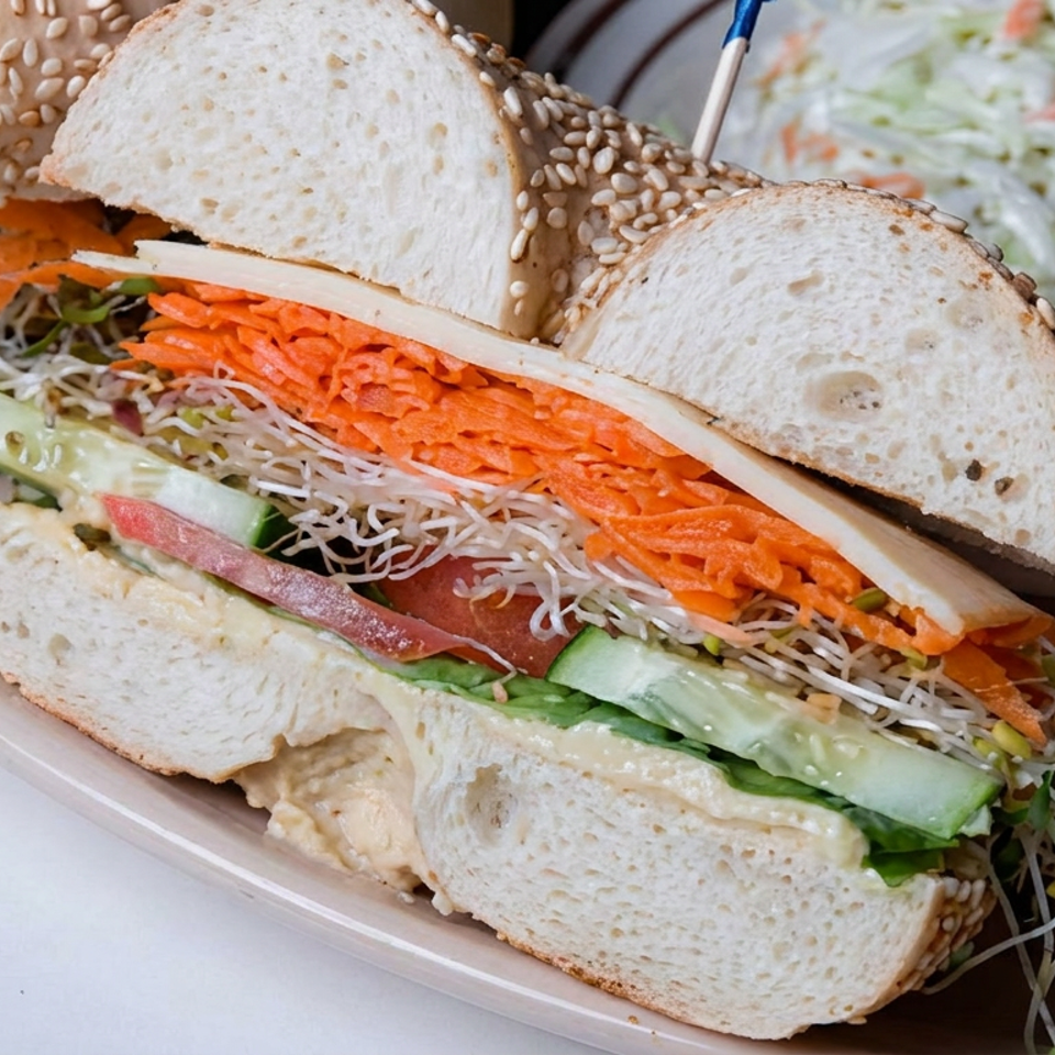 Sesame-seeded sandwich layered with shredded carrots, cucumber, sprouts, lettuce, tomato, and creamy spread on a plate.