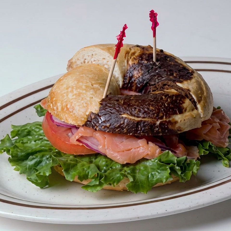 Bagel sandwich with smoked salmon, lettuce, tomato, and red onion on a decorative plate.
