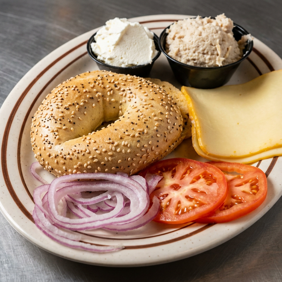 Sesame bagel served with sliced cheese, tomatoes, red onions, and two small cups of creamy spreads on a plate.