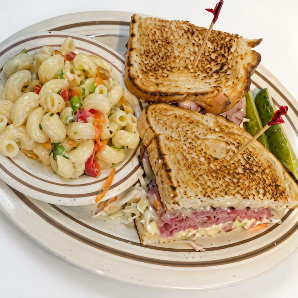 Grilled corned beef sandwiches with melted cheese, macaroni salad, and pickle spears on a striped plate.