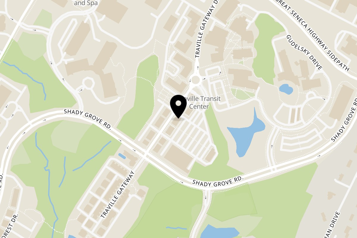 Map showing the location of Bageltowne Deli on 9749 Traville Gateway Dr in Rockville